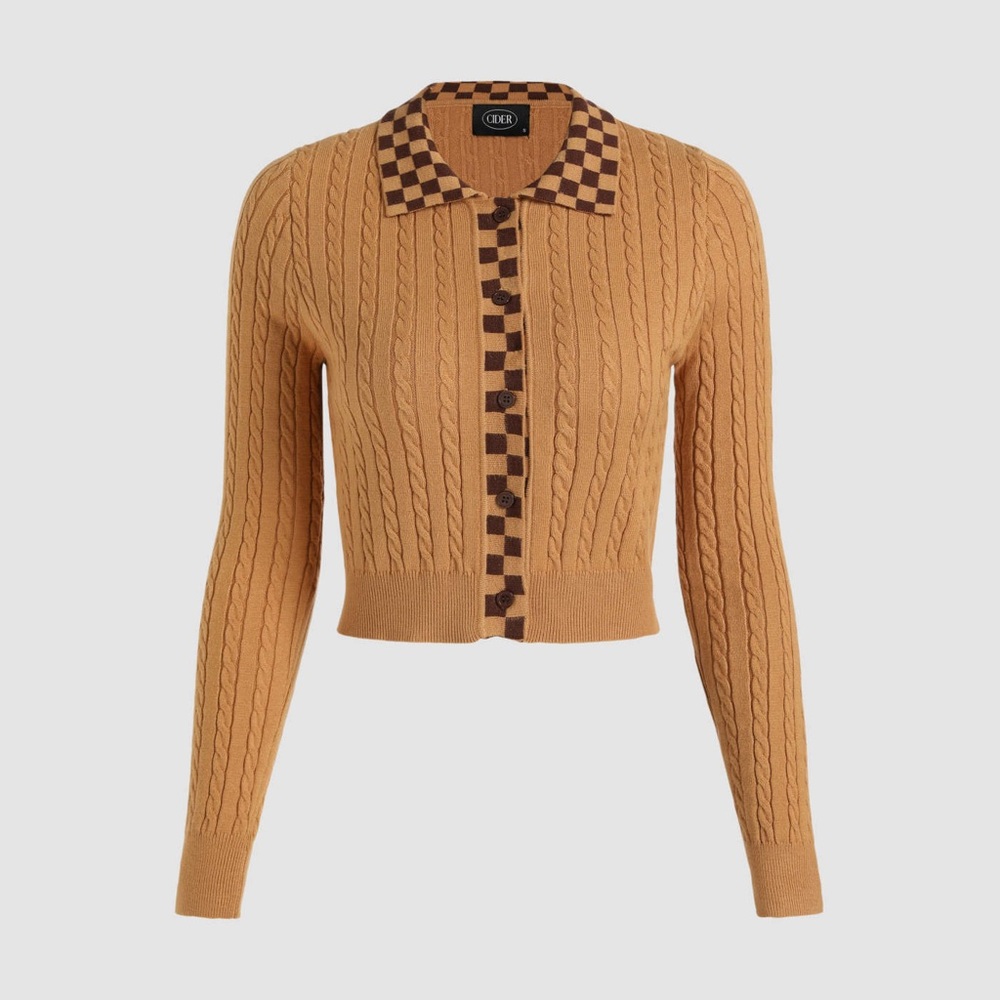 Cableknit Check Trim Knit Sweater